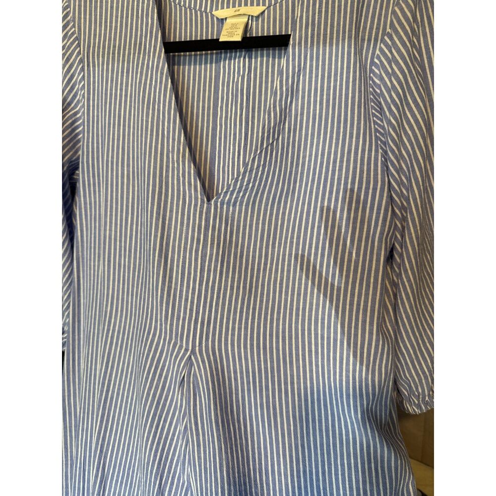 Cotton H&M Blue and White Stripe 100% Cotton Midi Dress with V Neck Size S